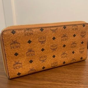 MCM Large Viestos Faux Leather zip wallet in cognac